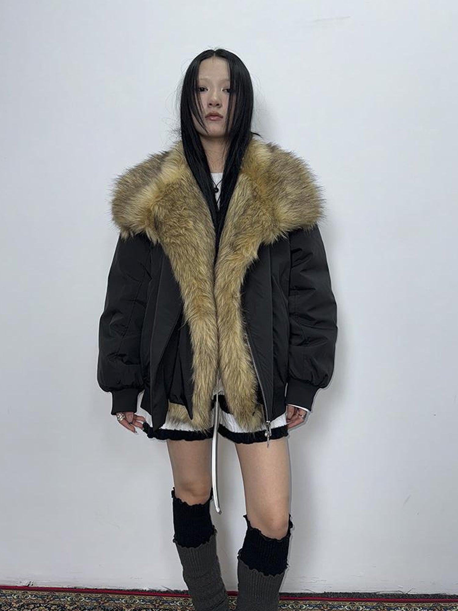 ang project Detachable Faux Fur Collar Loose Thickened Jacket