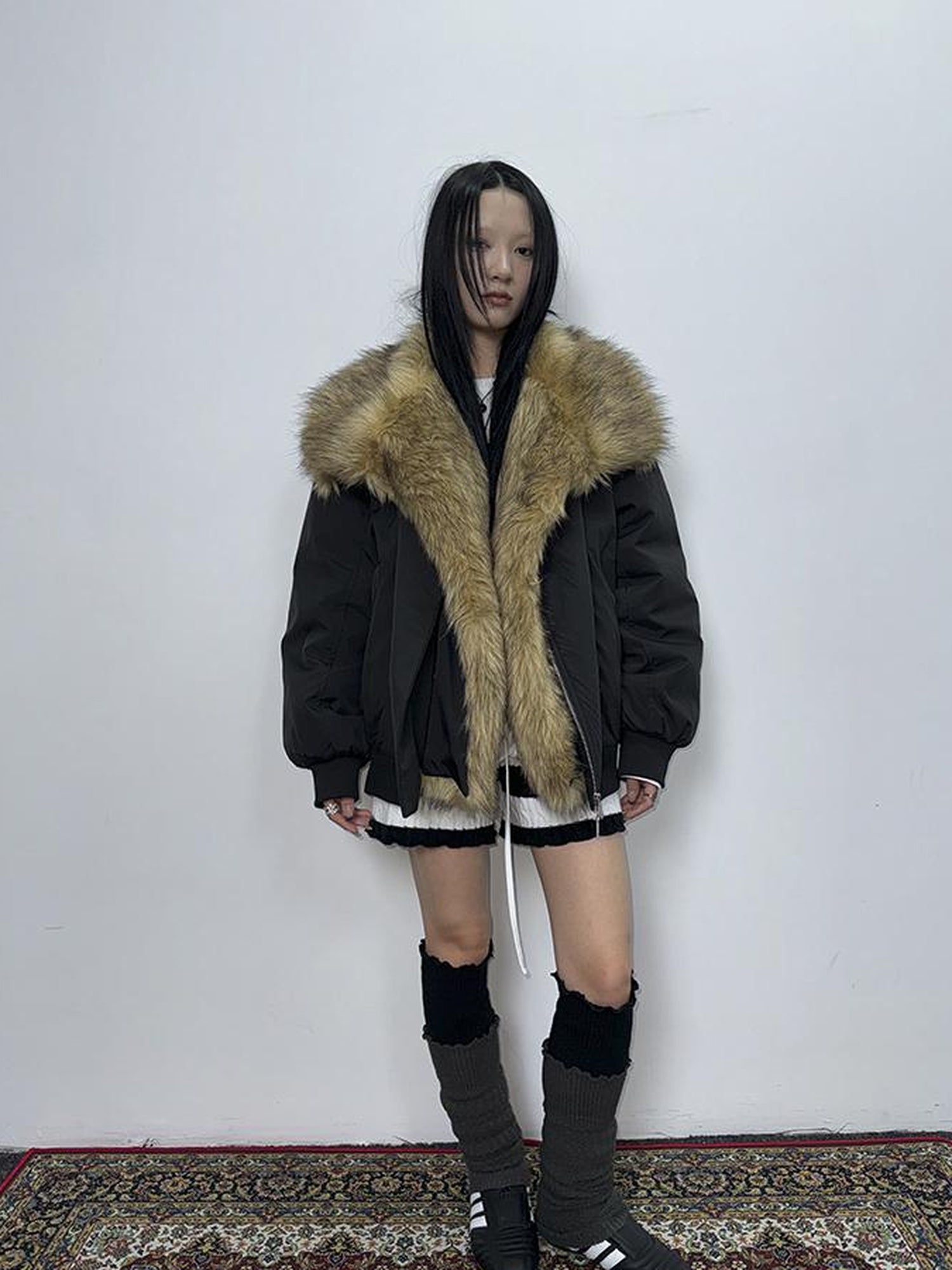 ang project Detachable Faux Fur Collar Loose Thickened Jacket