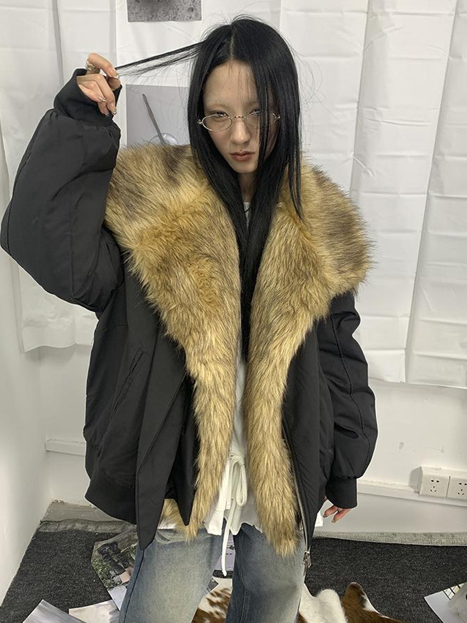ang project Detachable Faux Fur Collar Loose Thickened Jacket