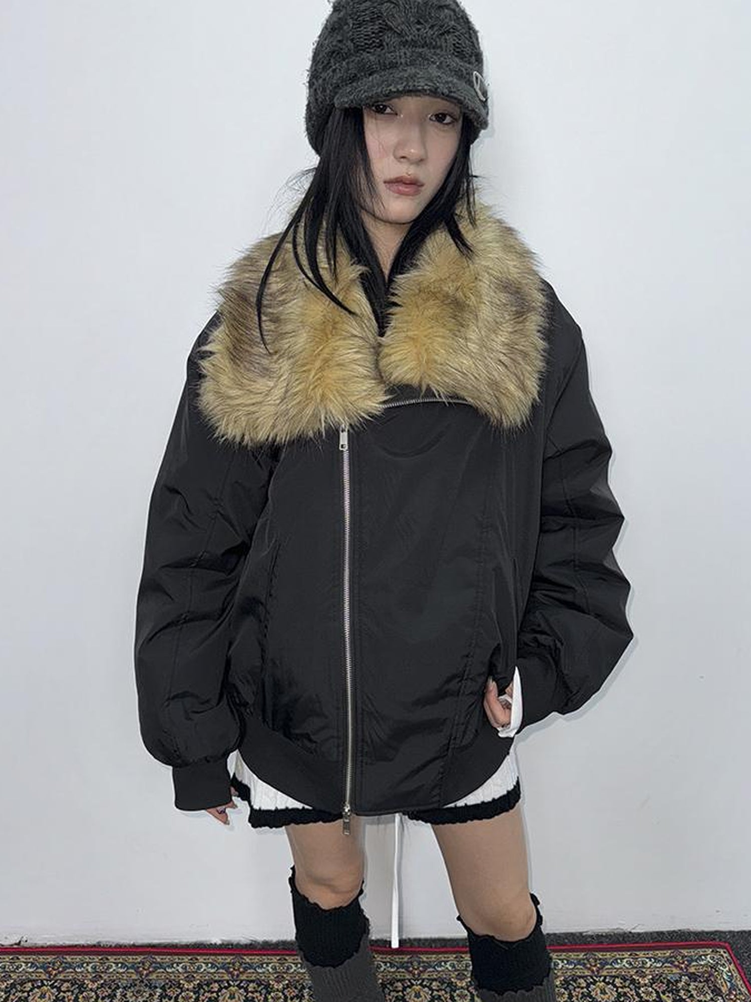 ang project Detachable Faux Fur Collar Loose Thickened Jacket
