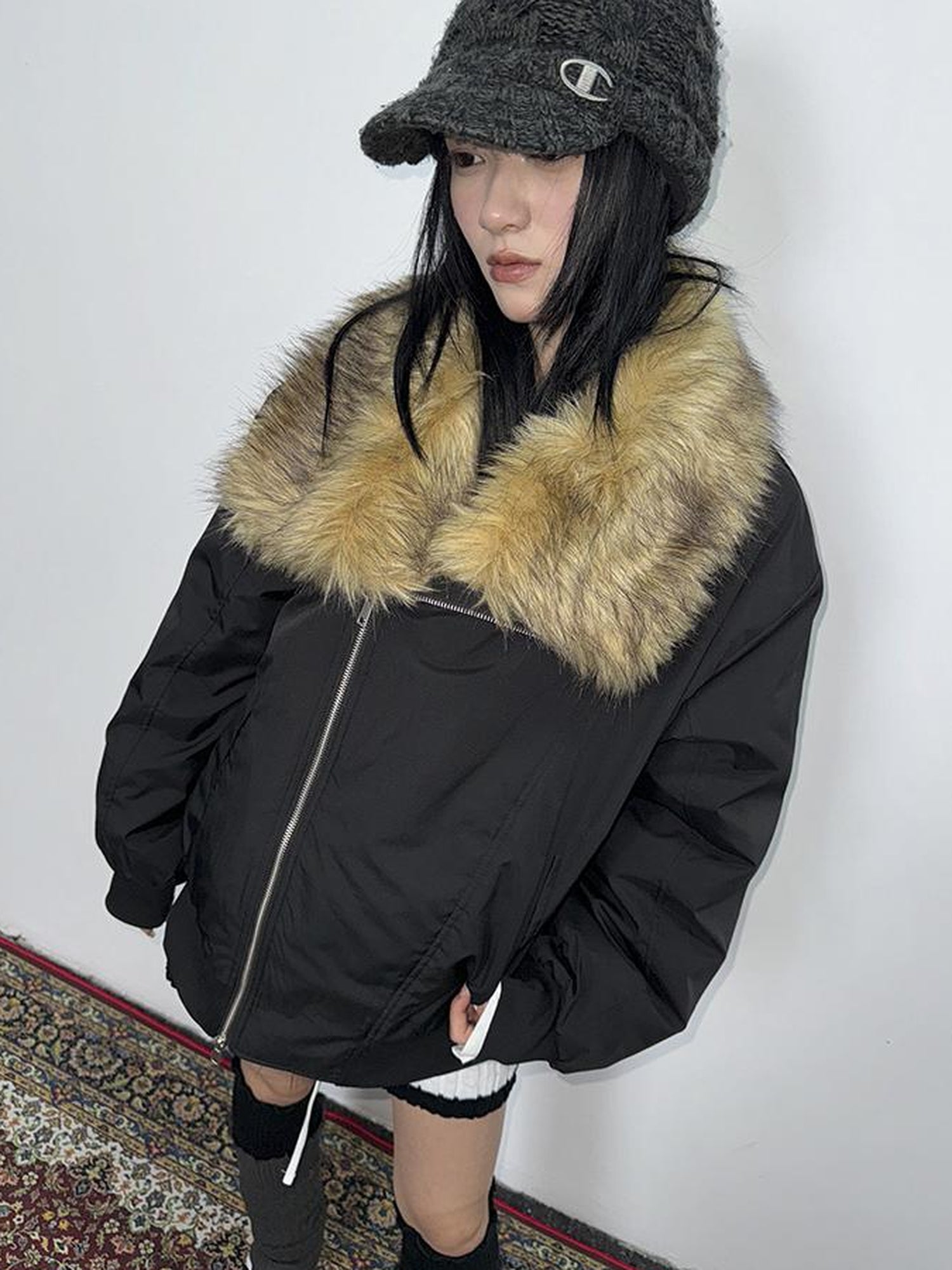 ang project Detachable Faux Fur Collar Loose Thickened Jacket