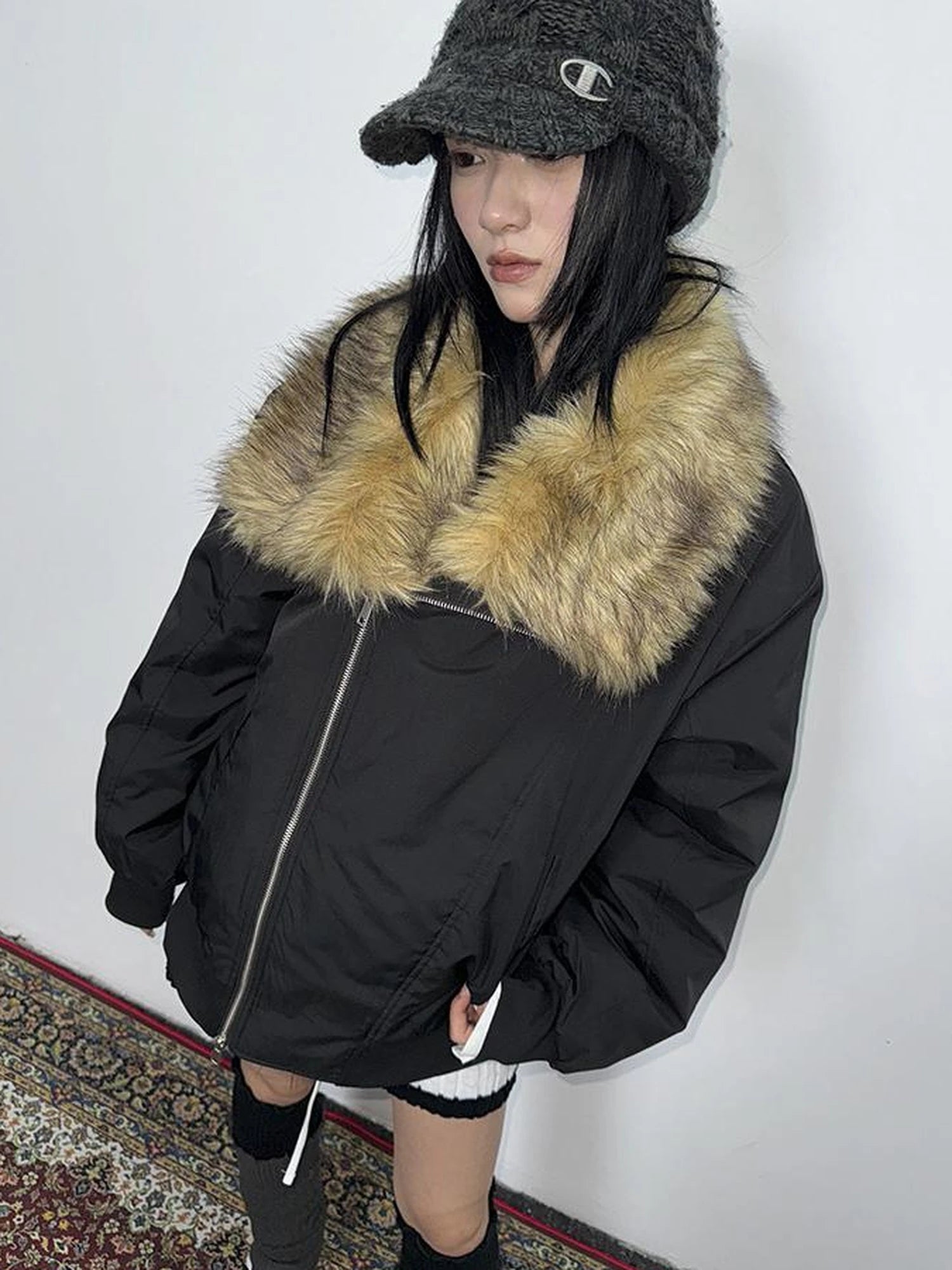 Detachable Faux Fur Collar Loose Thickened Jacket