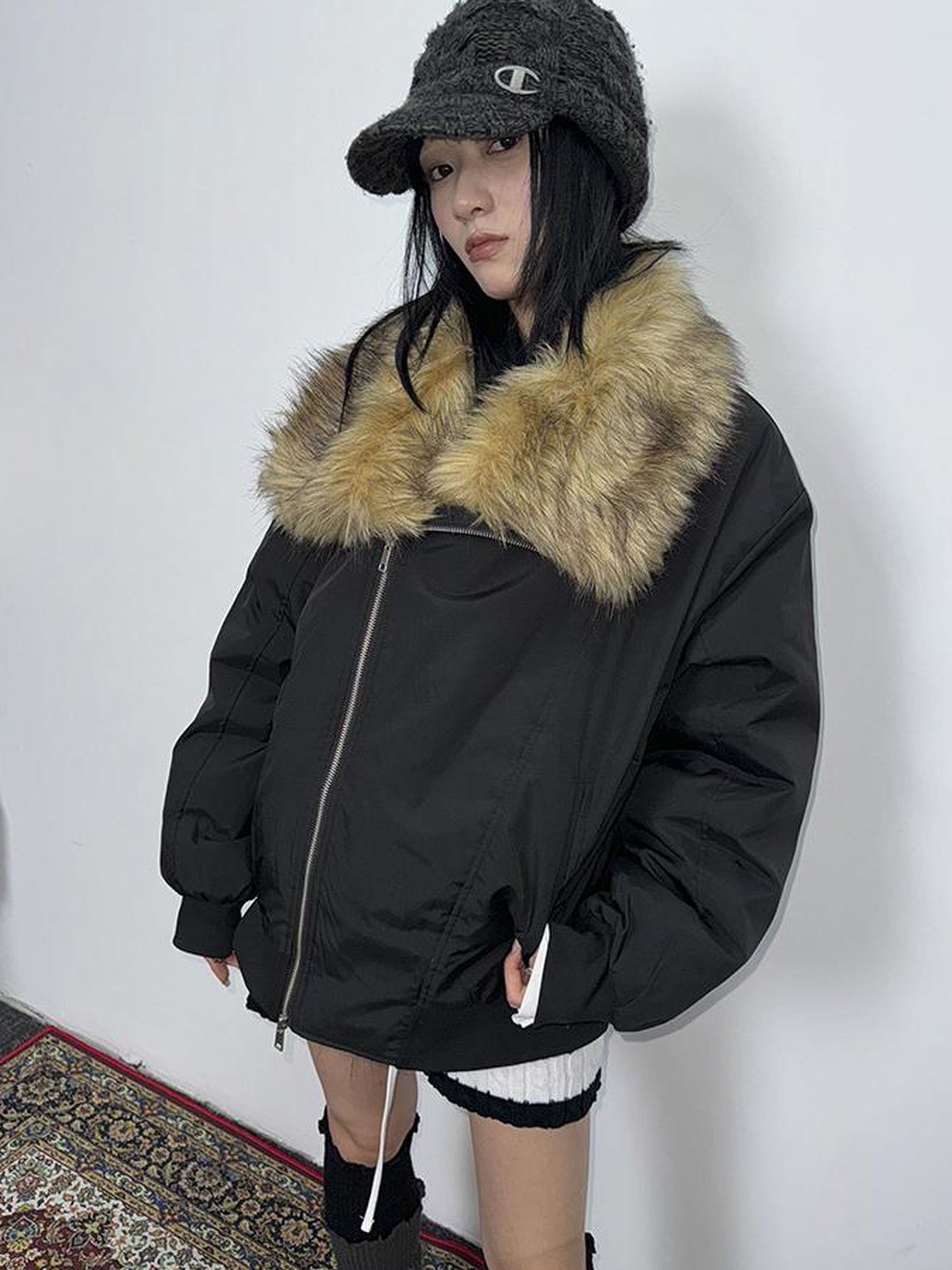 ang project Detachable Faux Fur Collar Loose Thickened Jacket