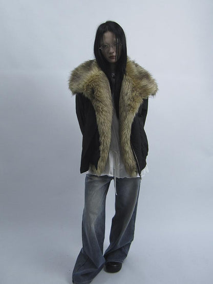 ang project Detachable Faux Fur Collar Loose Thickened Jacket
