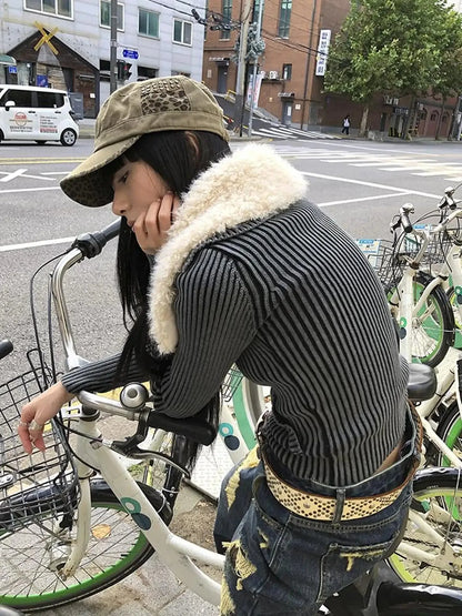 Detachable Faux Fur Collar Stretch Knit Zipper Sweater Coat