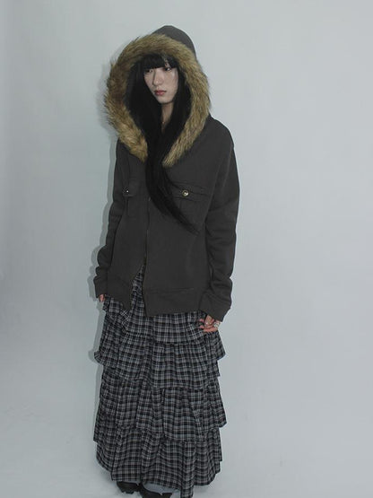 Updateang project Detachable Fur Hooded Fleece Sweatshirt With Pockets