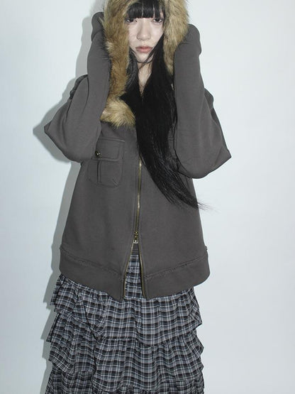 Updateang project Detachable Fur Hooded Fleece Sweatshirt With Pockets