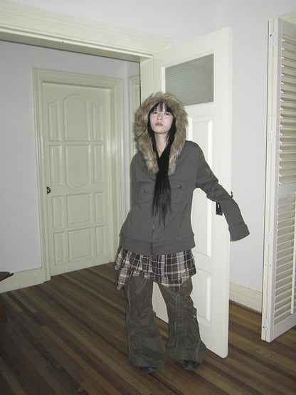 Updateang project Detachable Fur Hooded Fleece Sweatshirt With Pockets