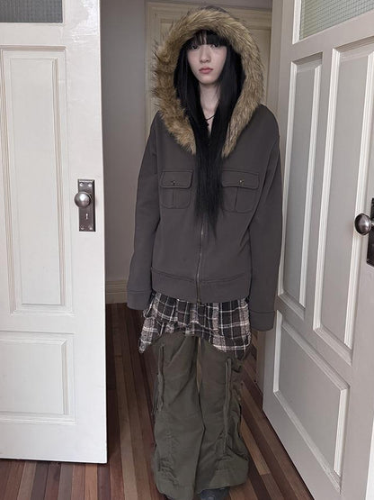 Updateang project Detachable Fur Hooded Fleece Sweatshirt With Pockets