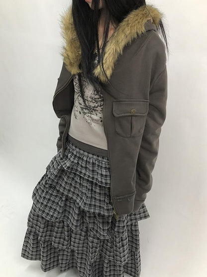 Updateang project Detachable Fur Hooded Fleece Sweatshirt With Pockets