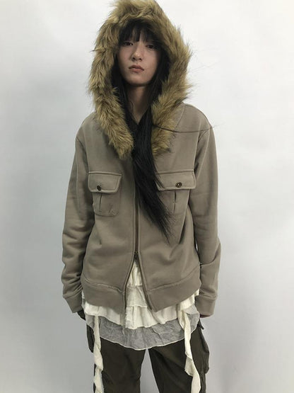 Updateang project Detachable Fur Hooded Fleece Sweatshirt With Pockets
