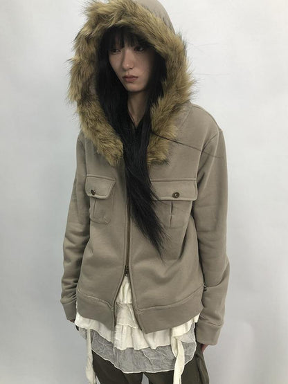 Updateang project Detachable Fur Hooded Fleece Sweatshirt With Pockets