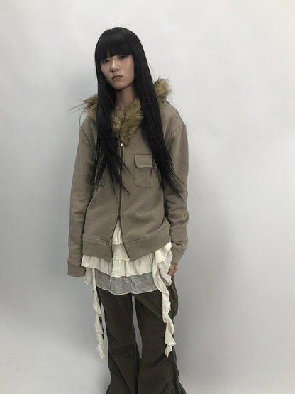 Updateang project Detachable Fur Hooded Fleece Sweatshirt With Pockets