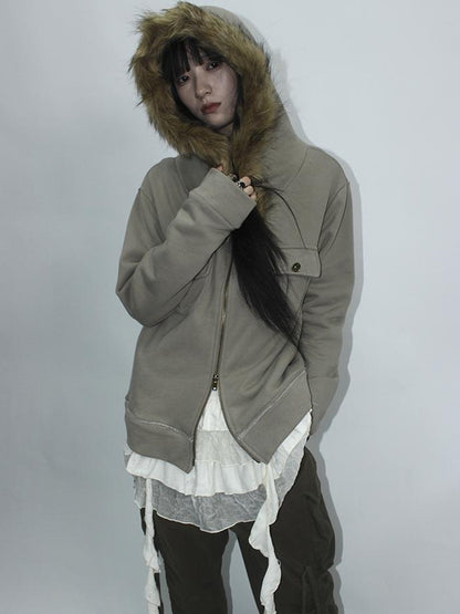 Updateang project Detachable Fur Hooded Fleece Sweatshirt With Pockets