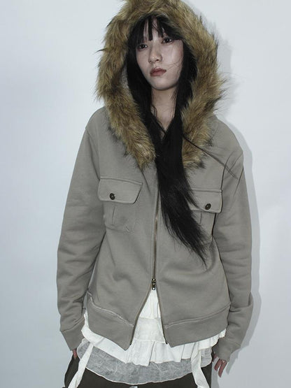 Updateang project Detachable Fur Hooded Fleece Sweatshirt With Pockets