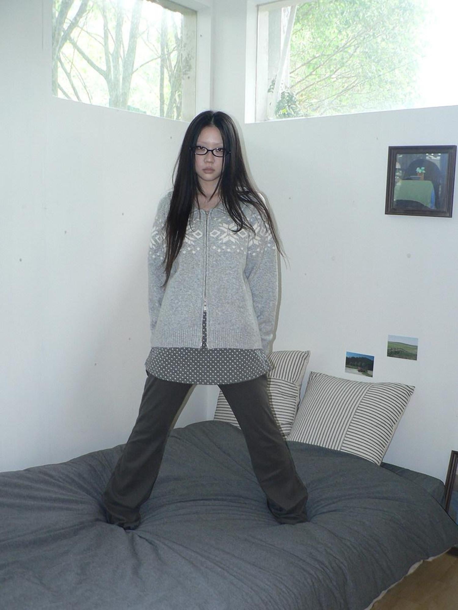 ang project Diamond Knit Zip Loose Fit Commuter Long Sleeve Round Neck Cardigans