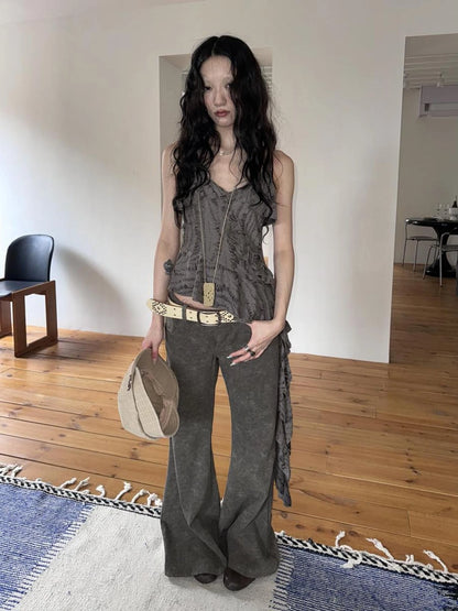 Distressed Asymmetrical Hem V-Neck Tank Top with Ruffle Straps