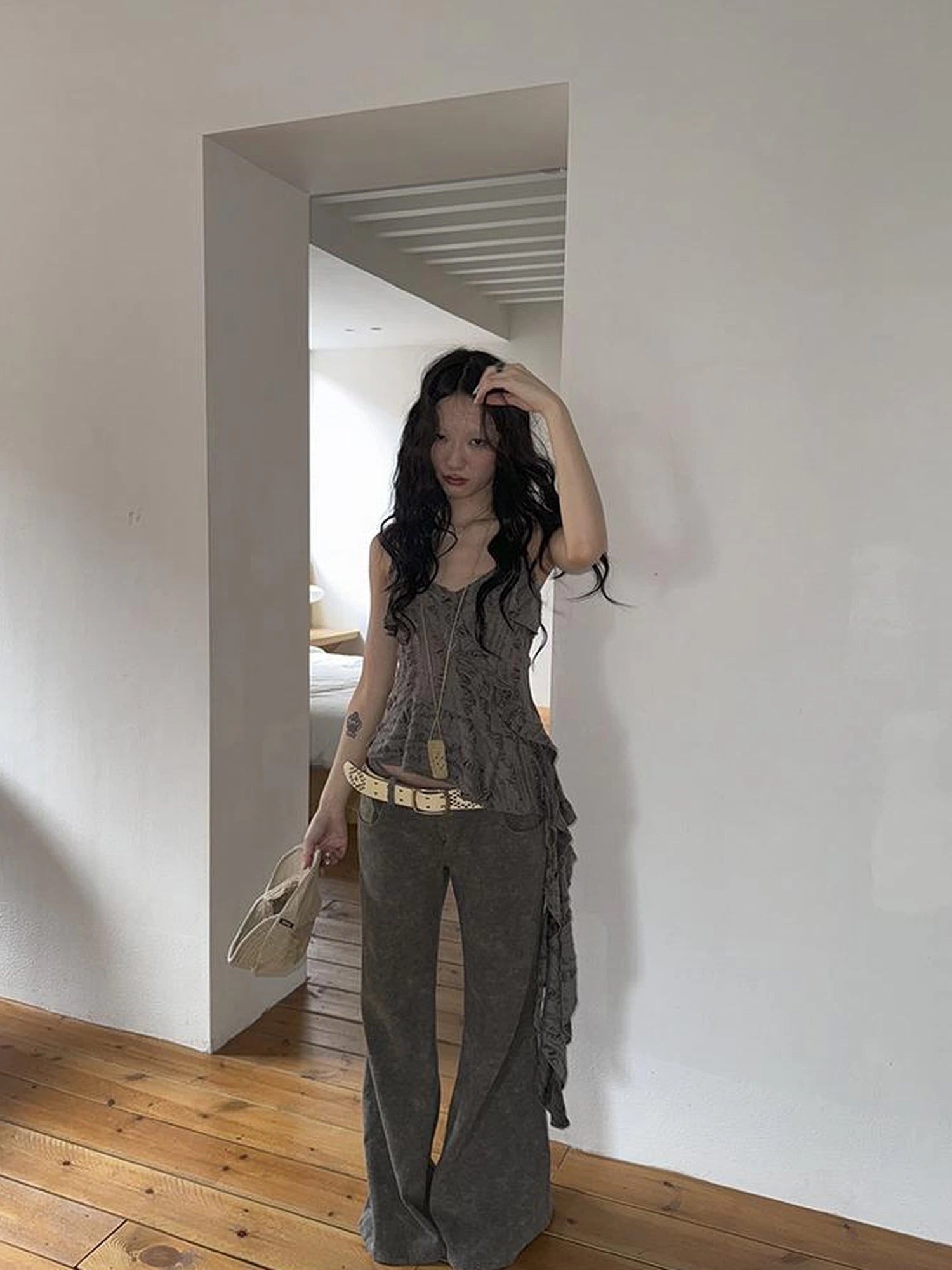 Distressed Asymmetrical Hem V-Neck Tank Top with Ruffle Straps