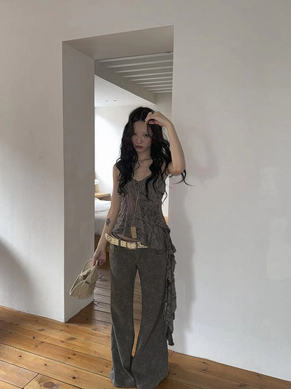 Distressed Asymmetrical Hem V-Neck Tank Top with Ruffle Straps