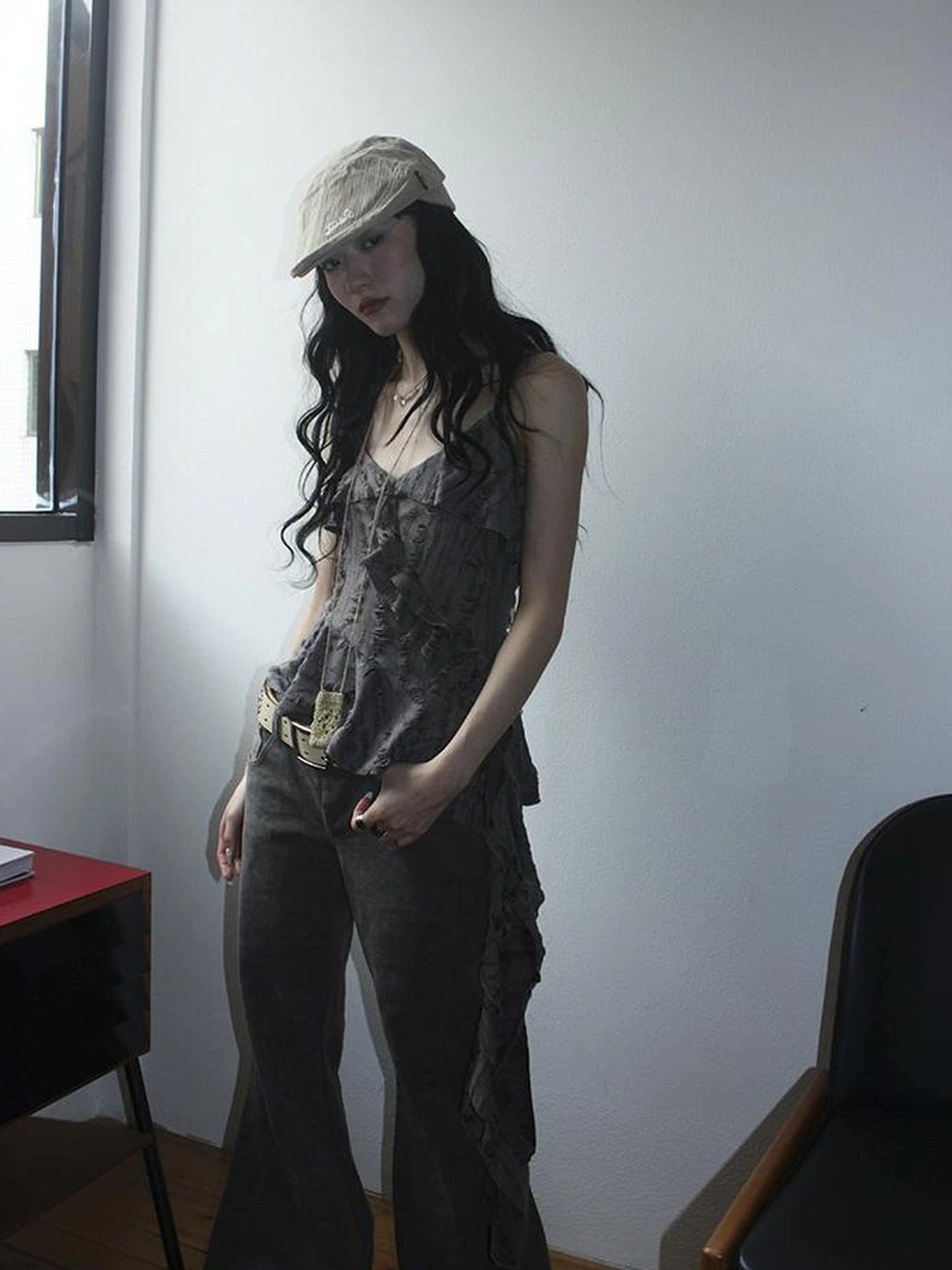 Distressed Asymmetrical Hem V-Neck Tank Top with Ruffle Straps