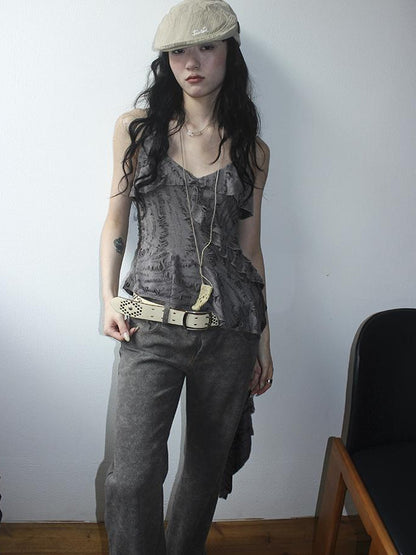 Updateang project Distressed Asymmetrical Hem V-Neck Tank Top with Ruffle Straps