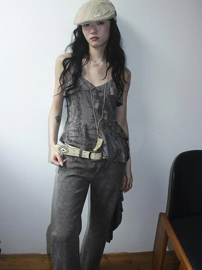 Distressed Asymmetrical Hem V-Neck Tank Top with Ruffle Straps