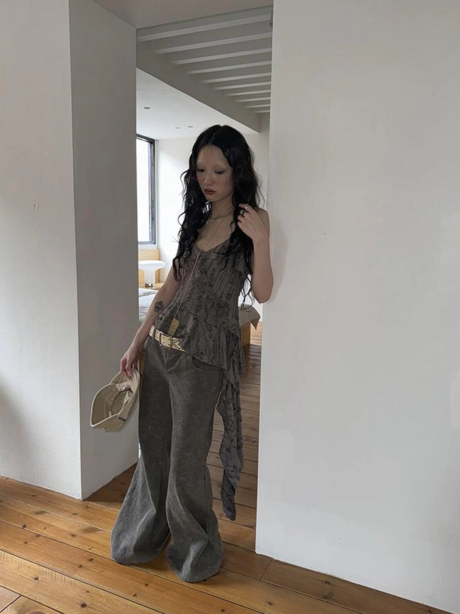 Distressed Asymmetrical Hem V-Neck Tank Top with Ruffle Straps