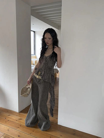 Distressed Asymmetrical Hem V-Neck Tank Top with Ruffle Straps