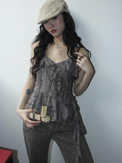 Updateang project Distressed Asymmetrical Hem V-Neck Tank Top with Ruffle Straps