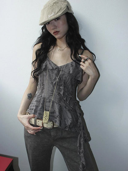 Distressed Asymmetrical Hem V-Neck Tank Top with Ruffle Straps