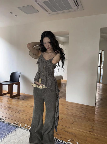 Distressed Asymmetrical Hem V-Neck Tank Top with Ruffle Straps