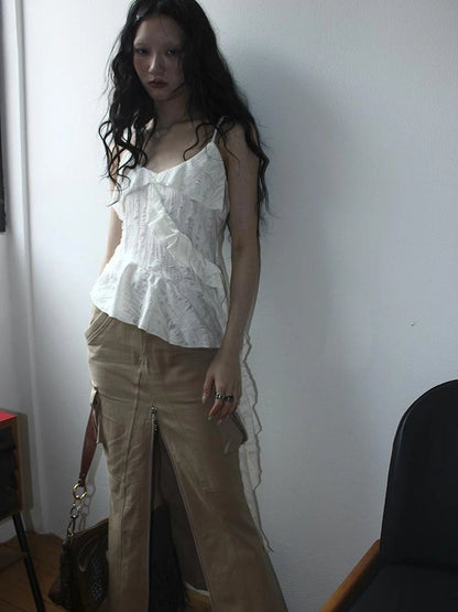 Distressed Asymmetrical Hem V-Neck Tank Top with Ruffle Straps