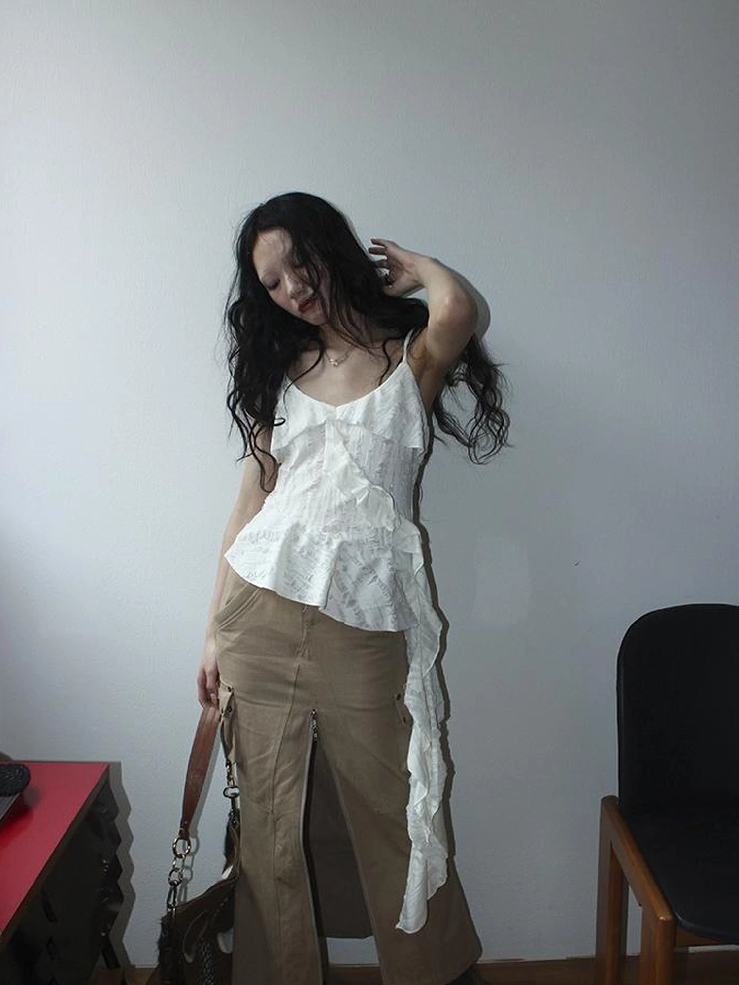 Distressed Asymmetrical Hem V-Neck Tank Top with Ruffle Straps