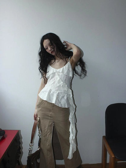 Distressed Asymmetrical Hem V-Neck Tank Top with Ruffle Straps