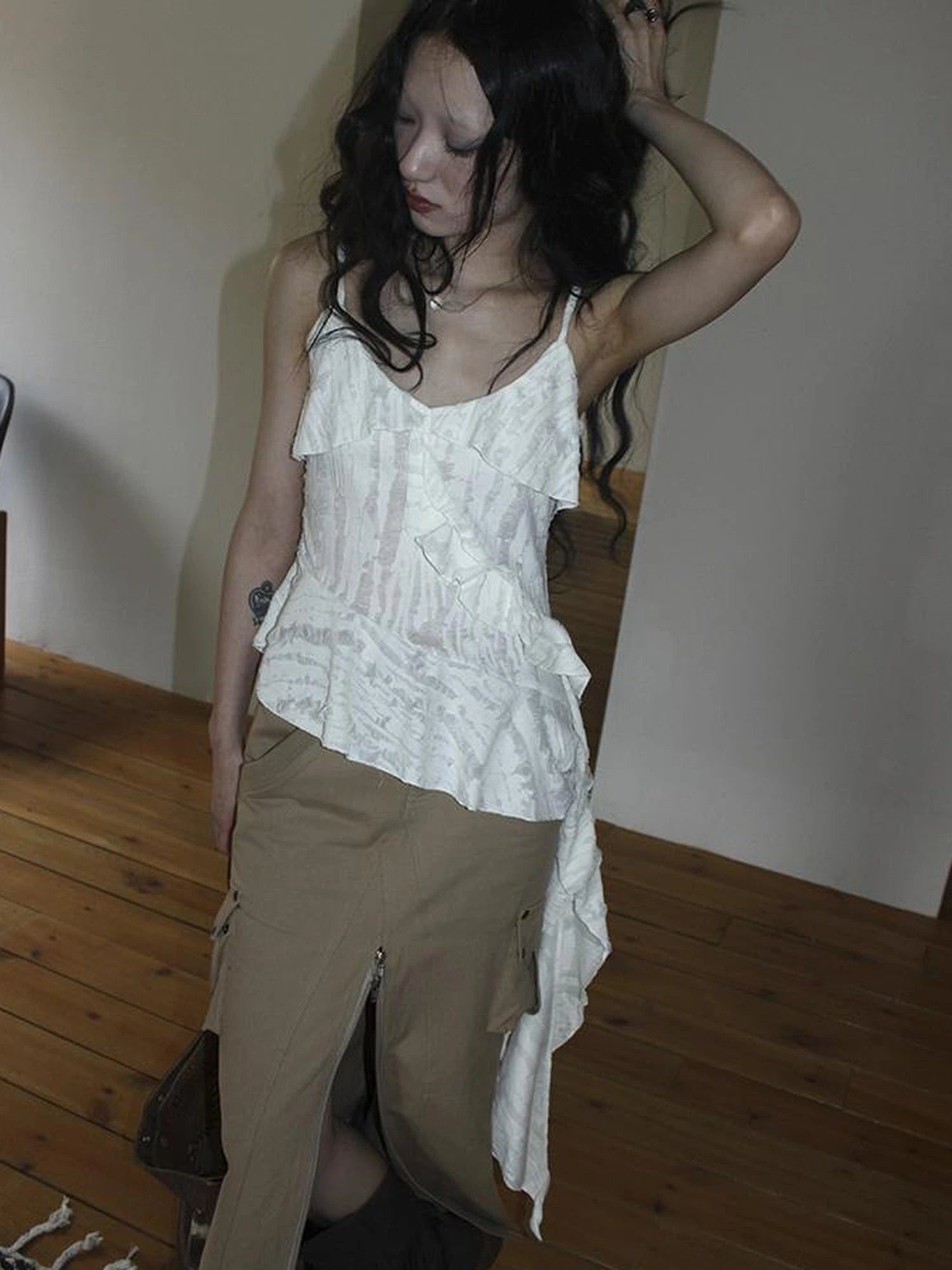 Distressed Asymmetrical Hem V-Neck Tank Top with Ruffle Straps