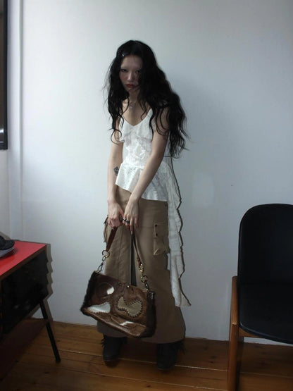 Distressed Asymmetrical Hem V-Neck Tank Top with Ruffle Straps