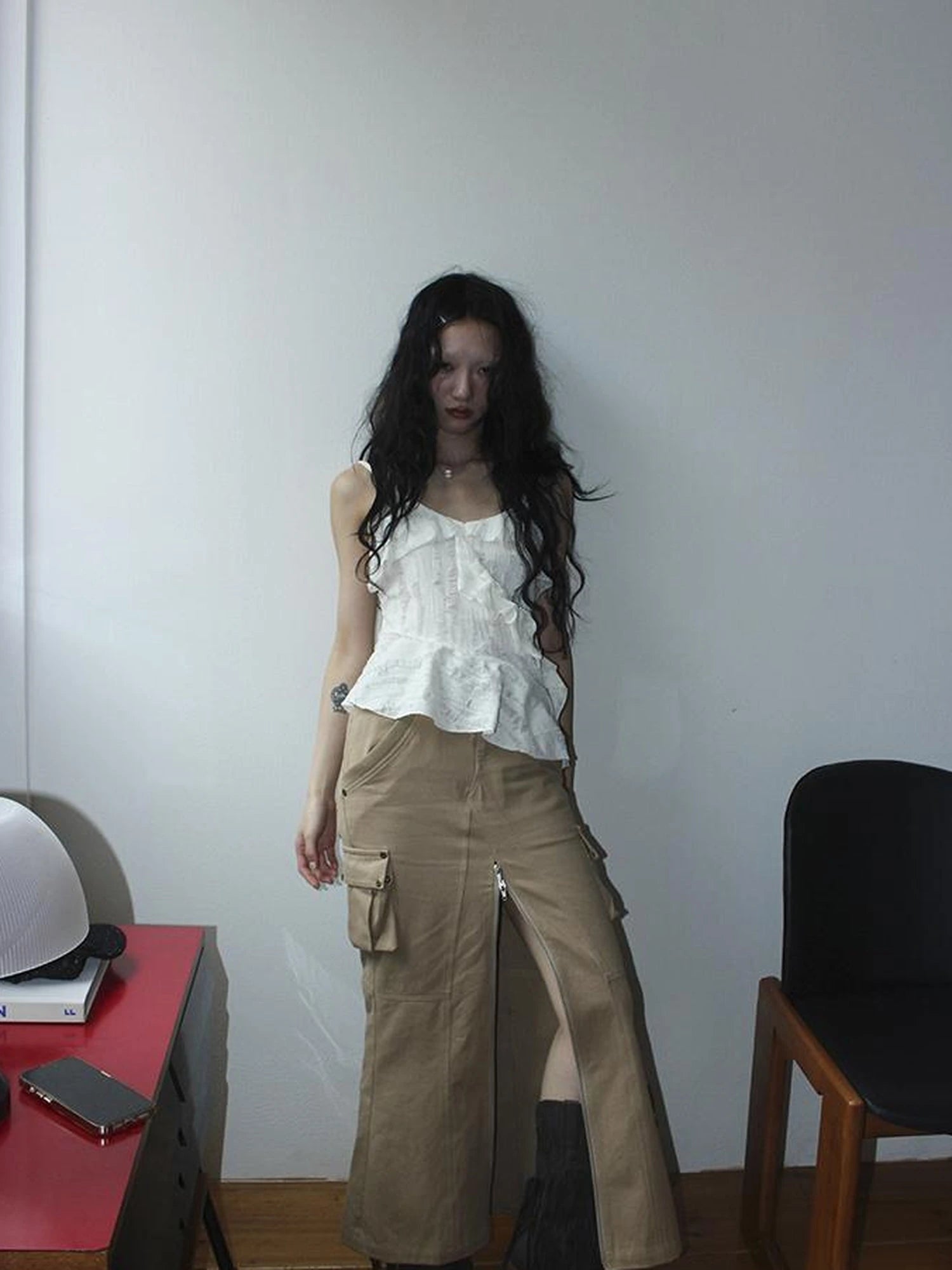 Distressed Asymmetrical Hem V-Neck Tank Top with Ruffle Straps