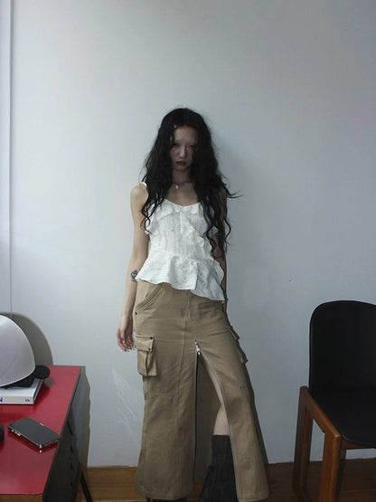 Distressed Asymmetrical Hem V-Neck Tank Top with Ruffle Straps