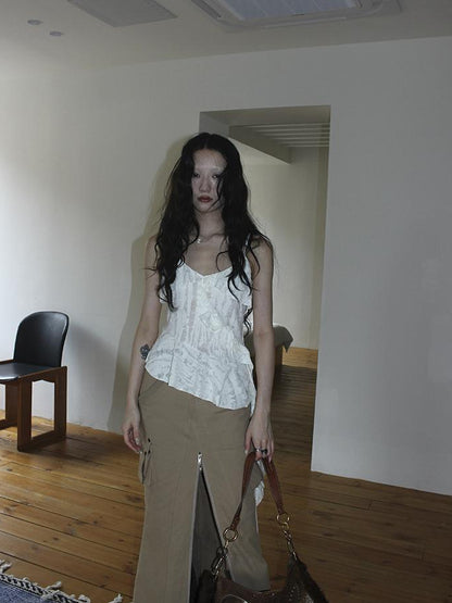 Updateang project Distressed Asymmetrical Hem V-Neck Tank Top with Ruffle Straps