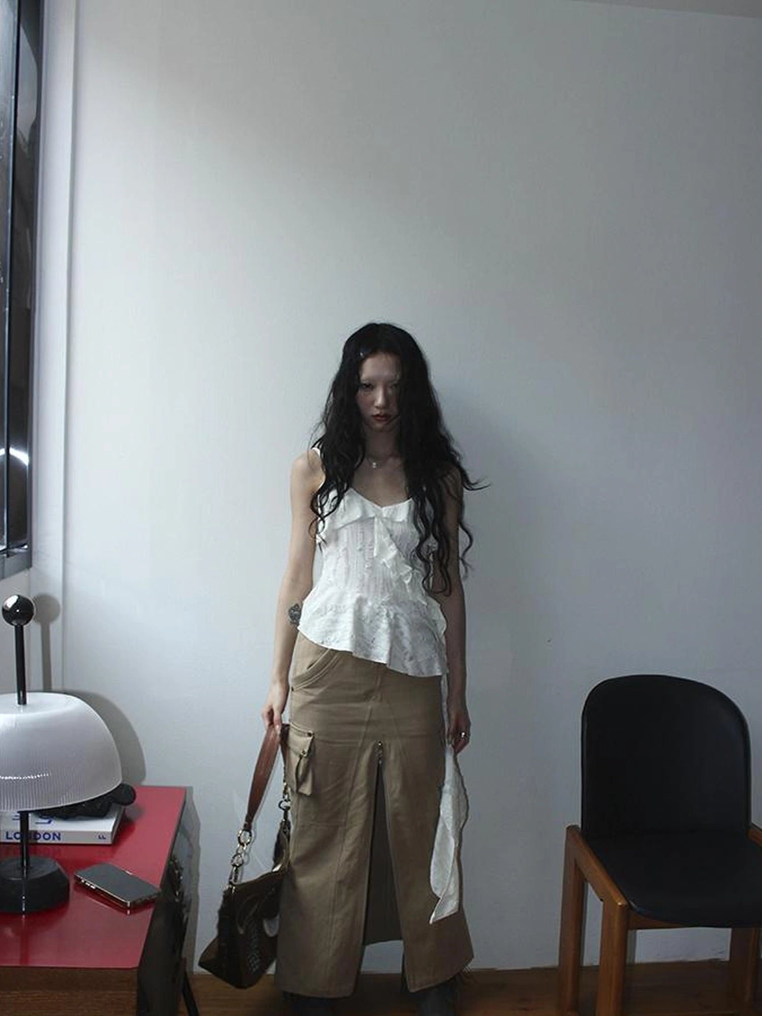 Distressed Asymmetrical Hem V-Neck Tank Top with Ruffle Straps