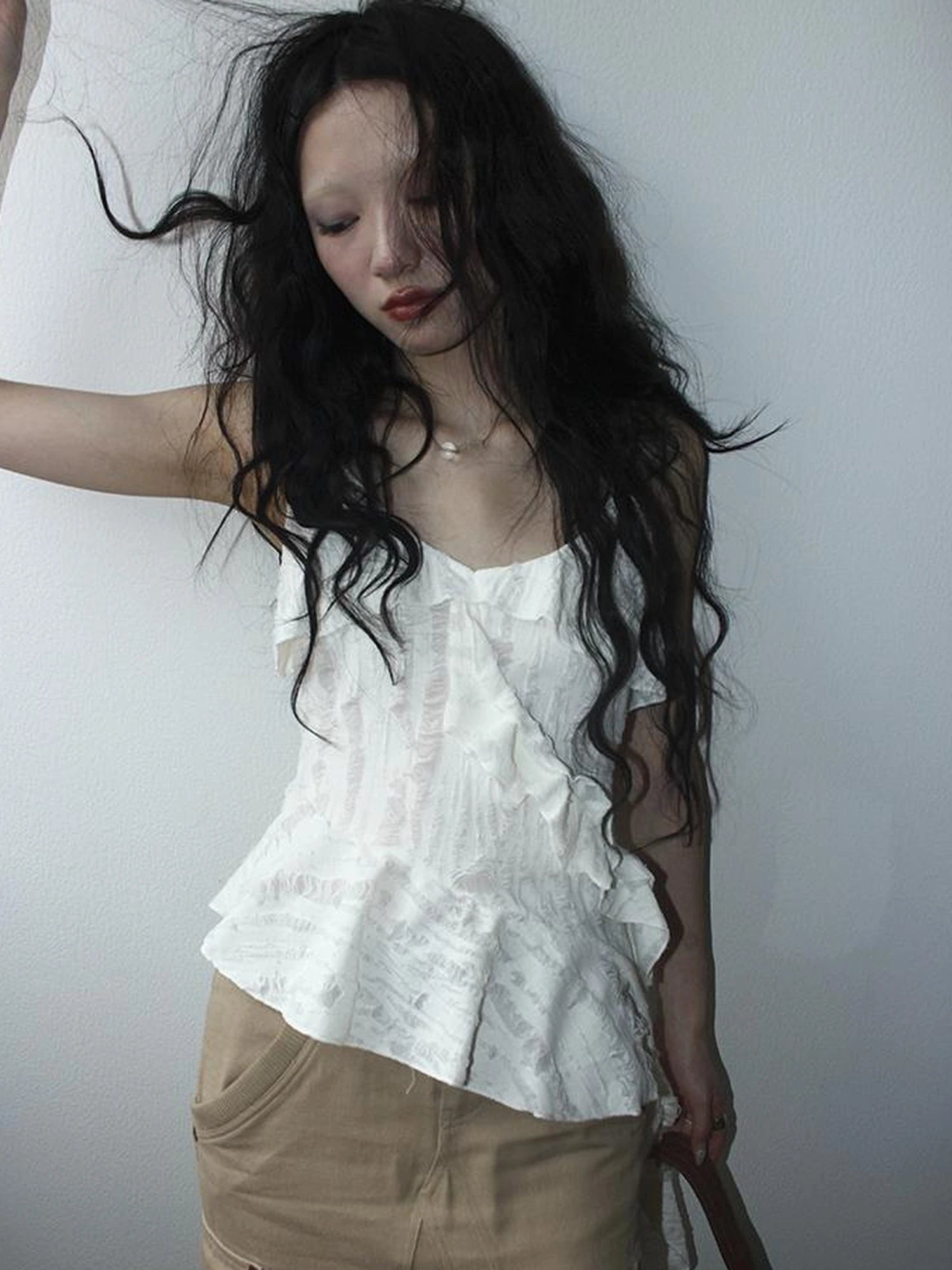 Distressed Asymmetrical Hem V-Neck Tank Top with Ruffle Straps