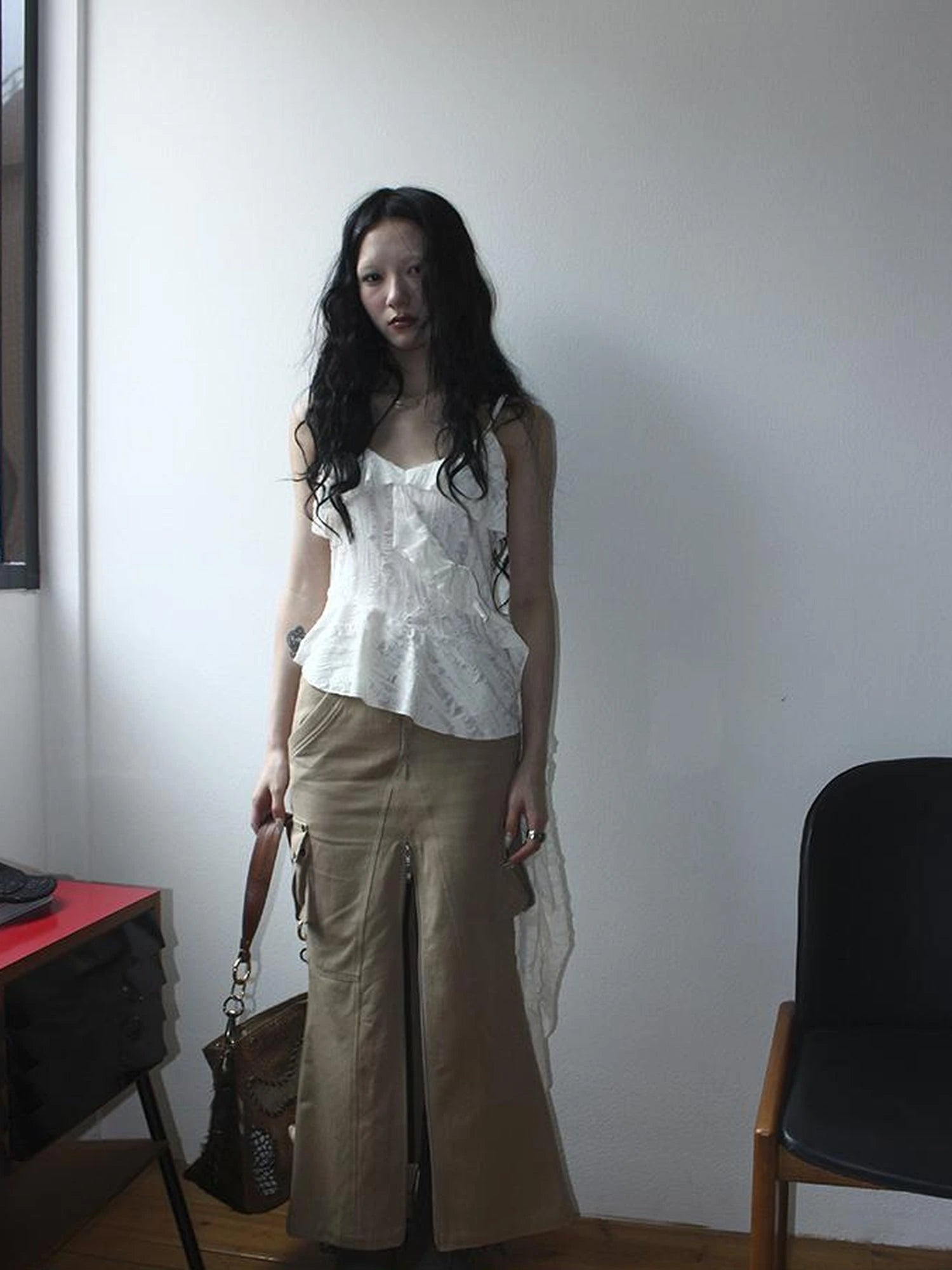 Distressed Asymmetrical Hem V-Neck Tank Top with Ruffle Straps