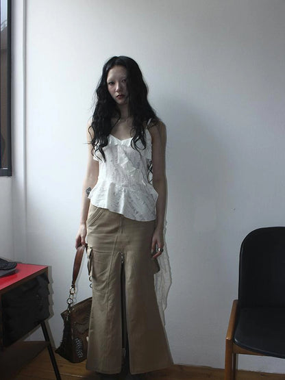 Distressed Asymmetrical Hem V-Neck Tank Top with Ruffle Straps