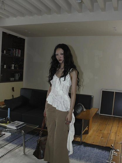 Distressed Asymmetrical Hem V-Neck Tank Top with Ruffle Straps