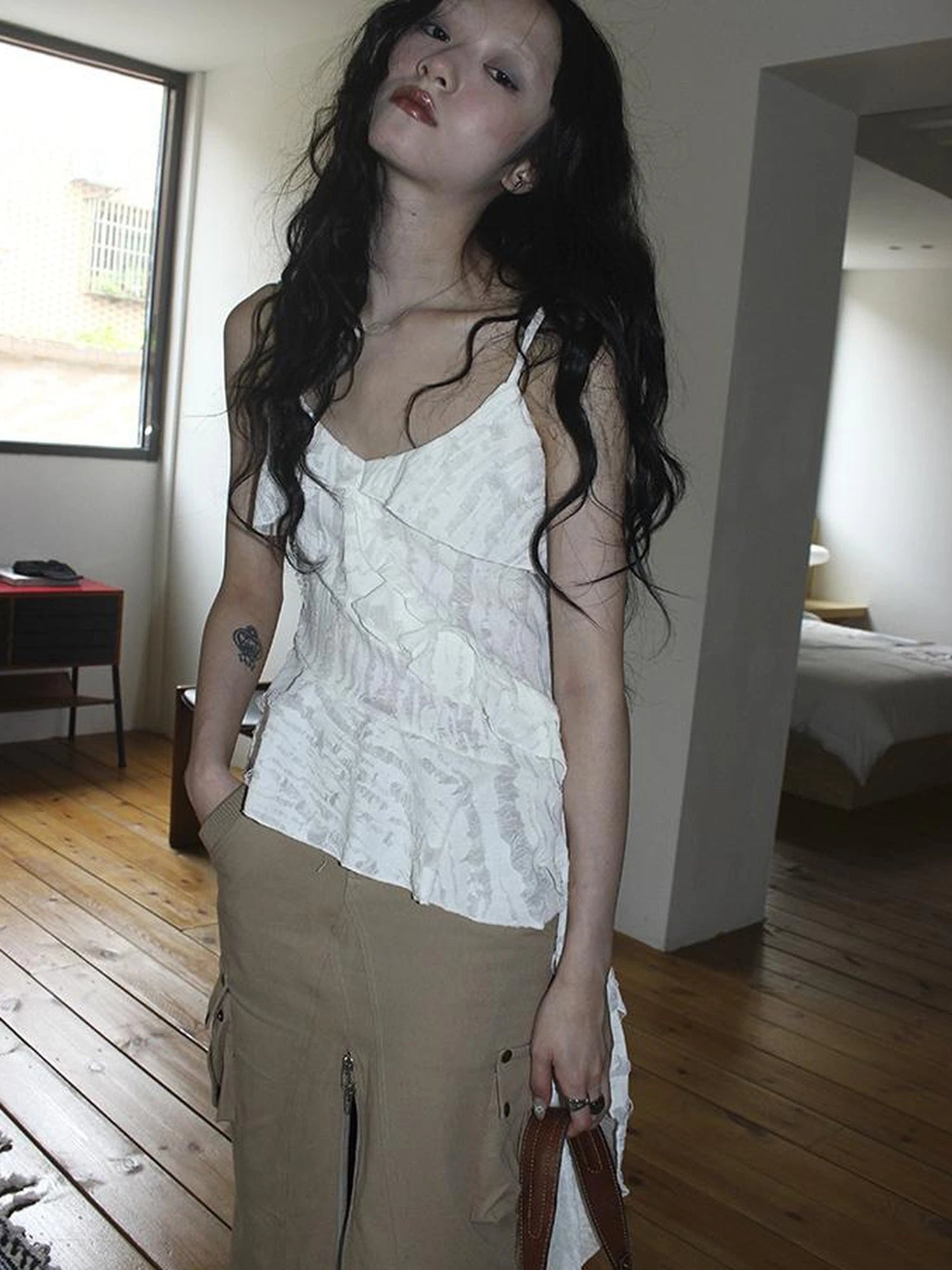 Distressed Asymmetrical Hem V-Neck Tank Top with Ruffle Straps