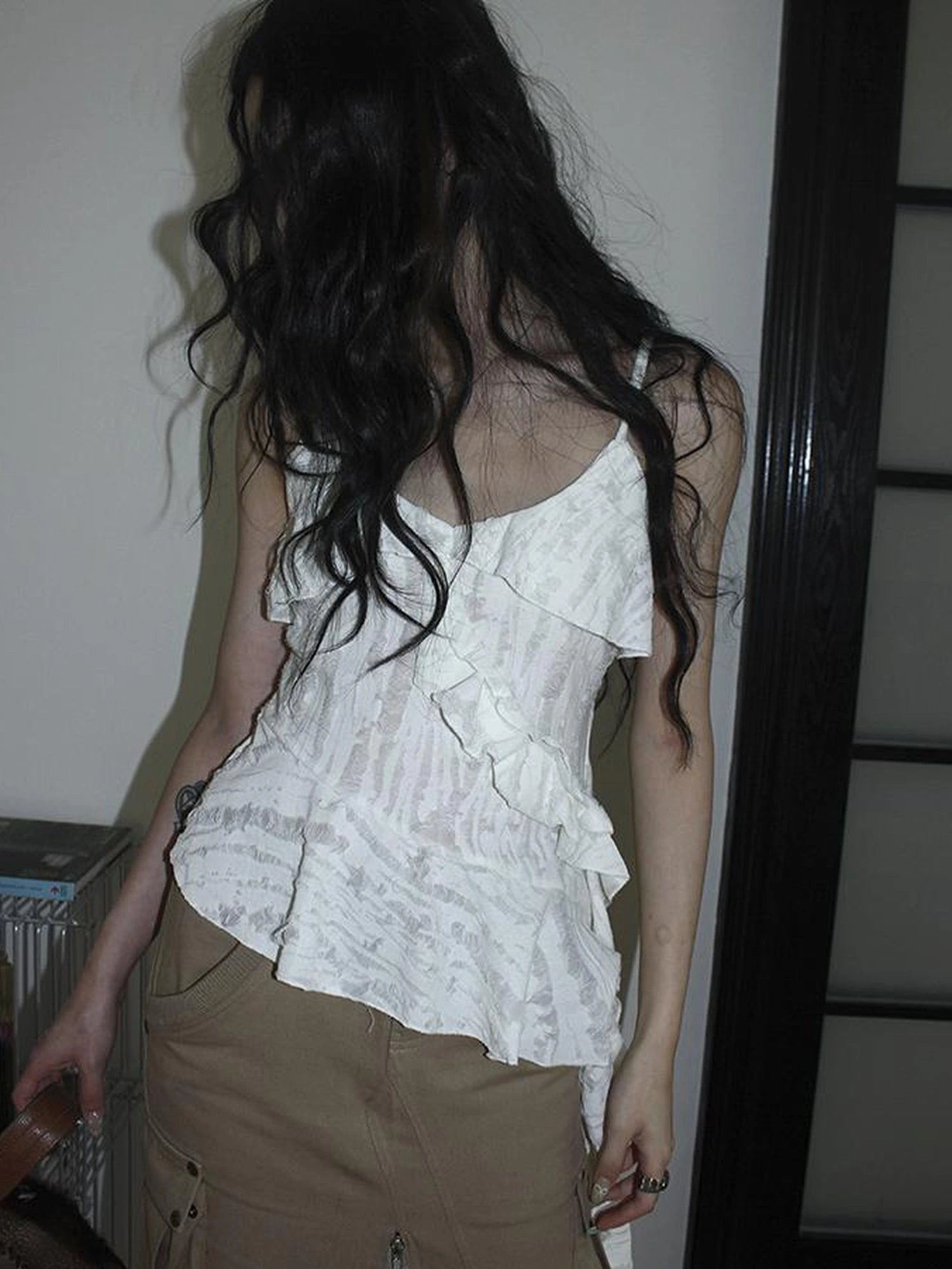 Distressed Asymmetrical Hem V-Neck Tank Top with Ruffle Straps