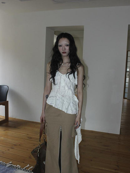 Updateang project Distressed Asymmetrical Hem V-Neck Tank Top with Ruffle Straps