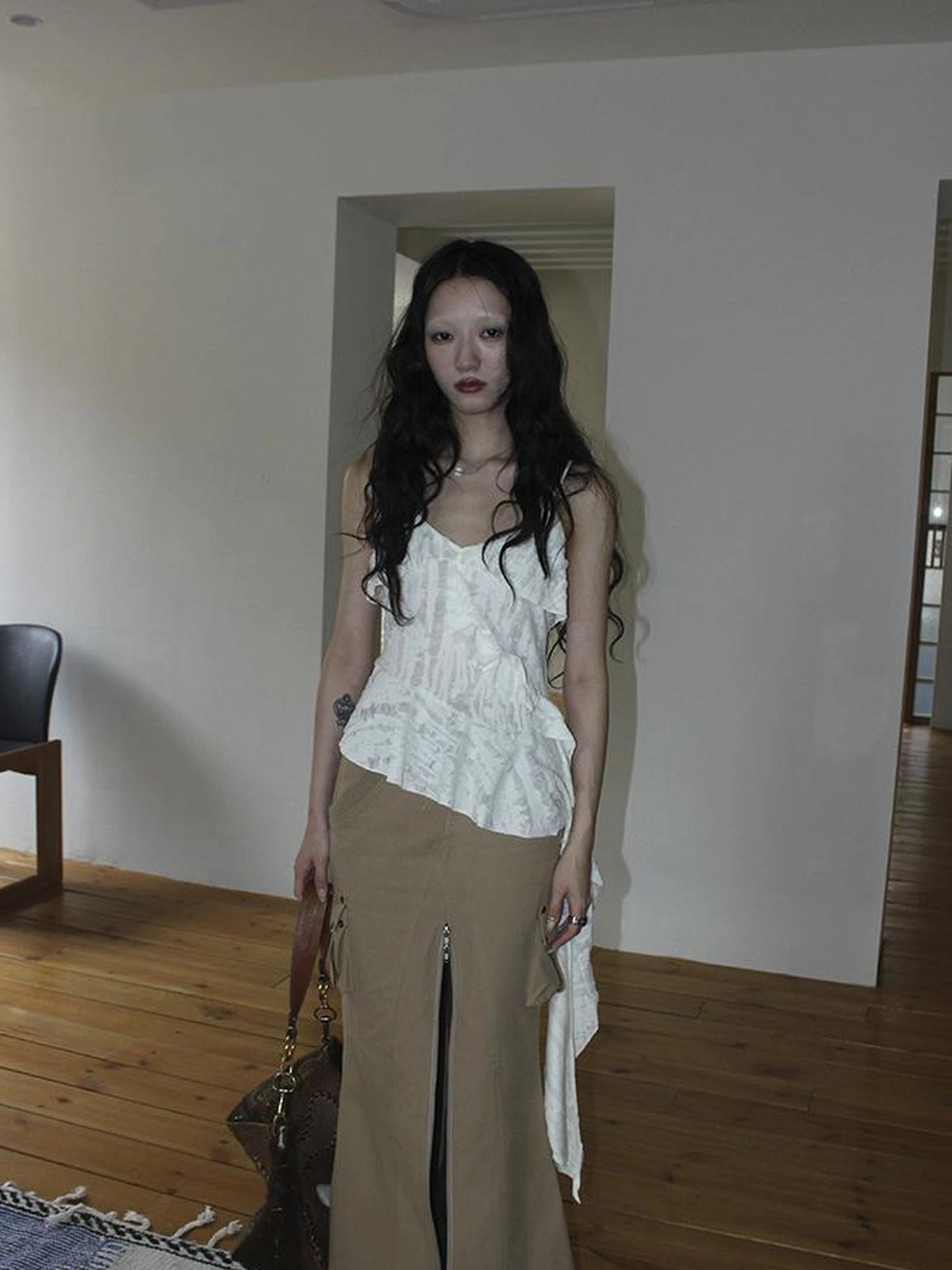 Distressed Asymmetrical Hem V-Neck Tank Top with Ruffle Straps