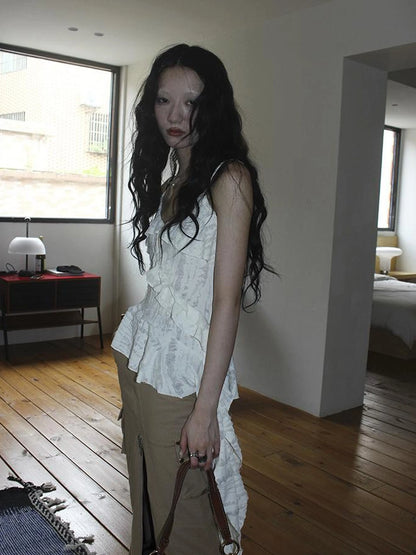 Distressed Asymmetrical Hem V-Neck Tank Top with Ruffle Straps