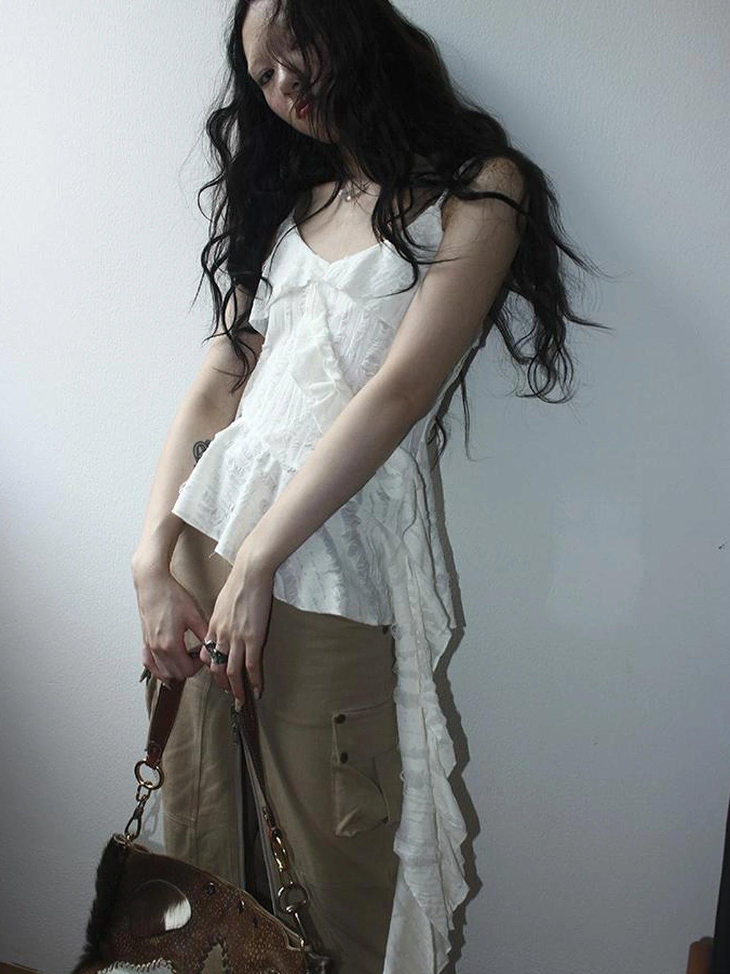 Distressed Asymmetrical Hem V-Neck Tank Top with Ruffle Straps